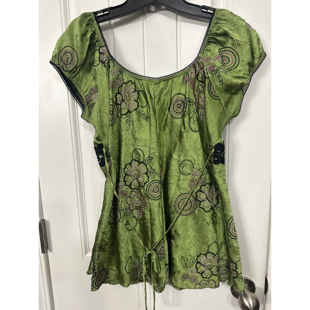 Y2K Heart Soul Green Floral Embroidered Sequin Lace Empire Waist Top Boho Fairy - Picture 7 of 9